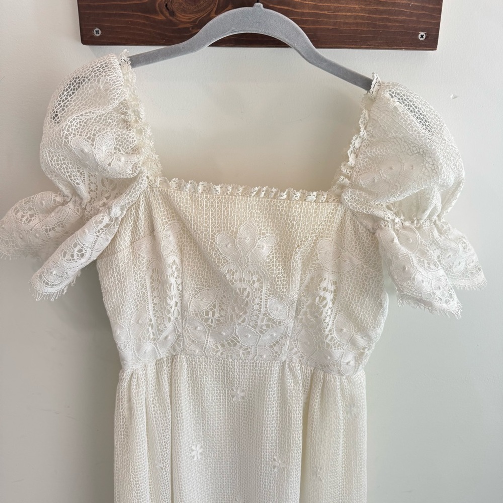 Vintage Bohemian Handmade Crochet Lace Puff Sleeve Wedding Dress‎ XS - Picture 2 of 10